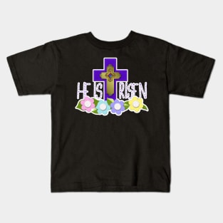 Purple Cross HE IS RISEN Felt Look Flowers by Cherie(c)2021 Kids T-Shirt